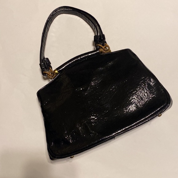 VINTAGE LADIES BLACK PATENT LEATHER MINI HANDBAG - Picture 7 of 14